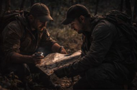 Two men staring off into the sunset after hiking trip
