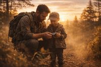 Father placing his hot on his son